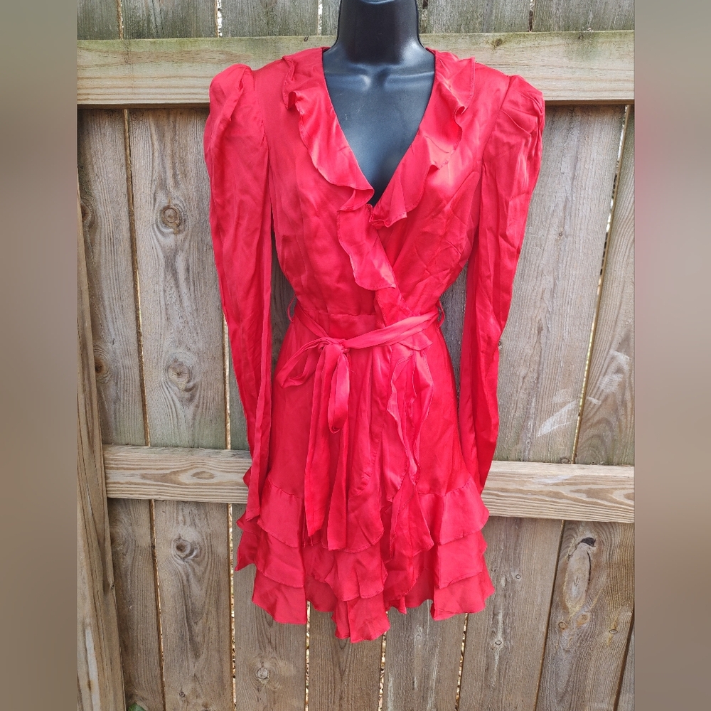 🏵️ Bardot Winona Red Feminine  Girly Wrap Ruffle Dress NWT